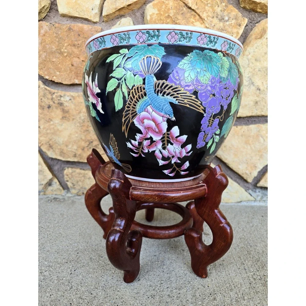 Chinese Fish Bowl Birds And Grapes With Stand Koi Pot